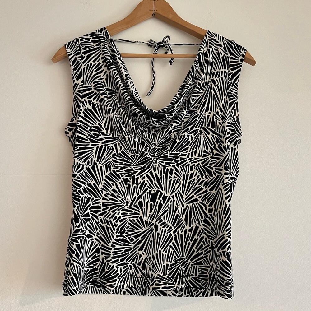BCBG black and white patterned cowl neck top, size L